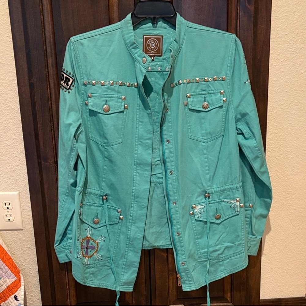 Double d Ranch Turquoise Jacket embroidered cross design studded L - Picture 3 of 4